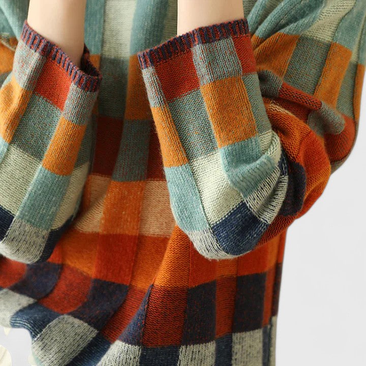 Women's Checkerboard Sweater - Cozy Mock Neck Style