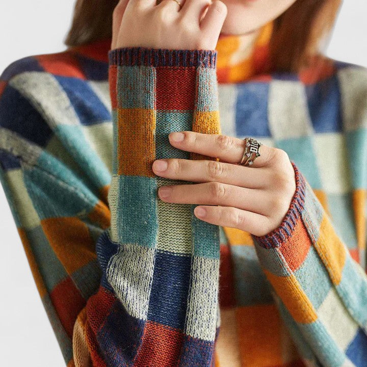 Women's Checkerboard Sweater - Cozy Mock Neck Style