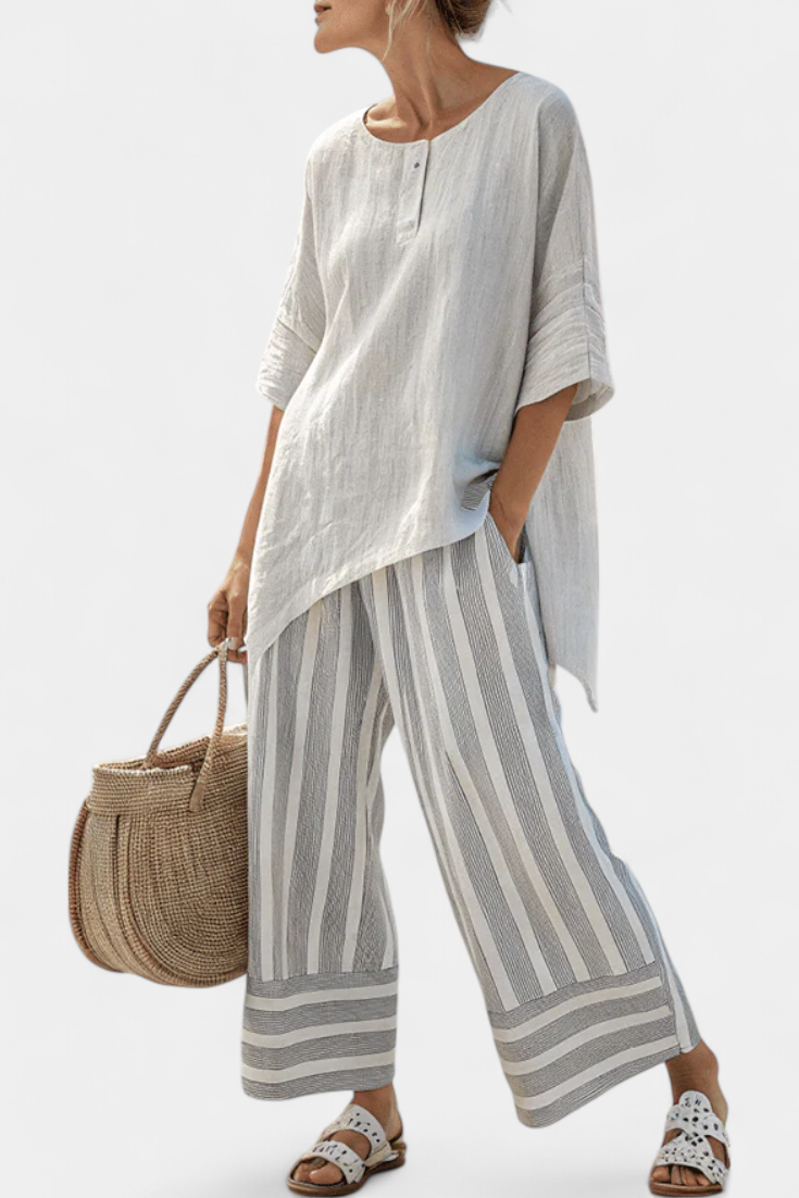 Women's Asymmetrical Blouse & Striped Pants Set - Effortless Style