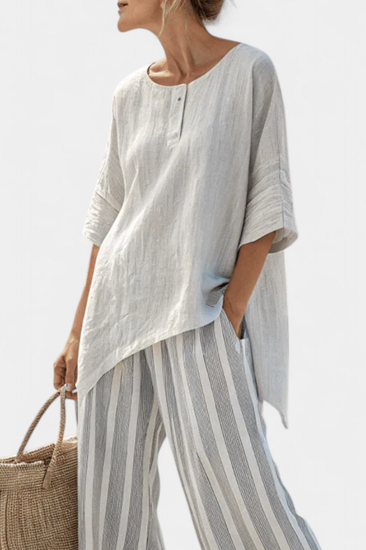 Women's Asymmetrical Blouse & Striped Pants Set - Effortless Style