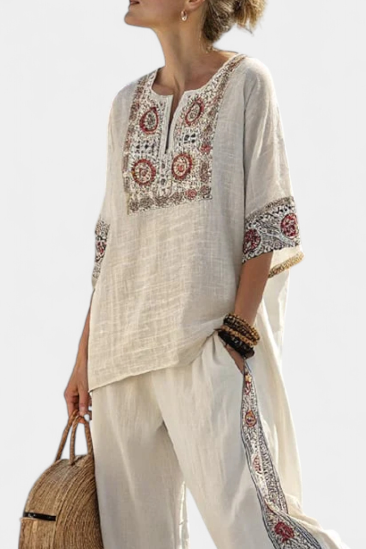 Women's Embroidered Blouse & Wide Pants Set - Breezy Summer