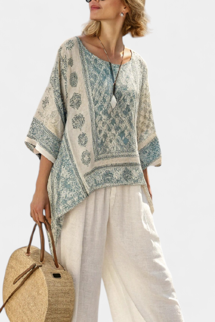 Women's Printed Blouse & Wide-Leg Pants Set - Effortless Summer