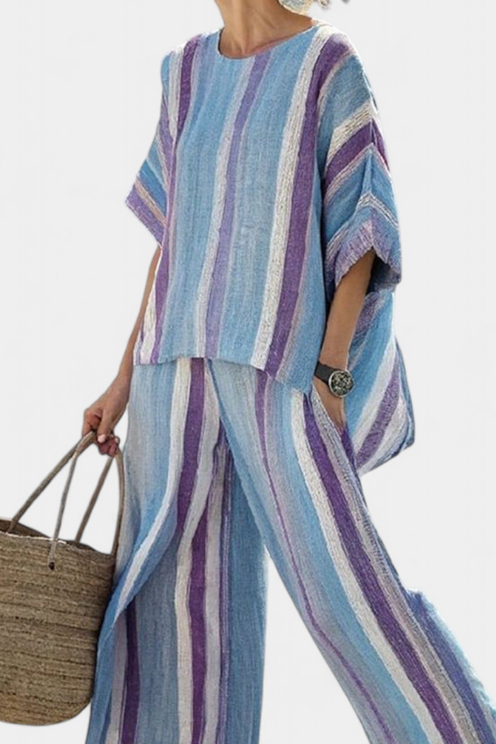 Women's Mauve Striped Linen Two-Piece Set - Relaxed Summer