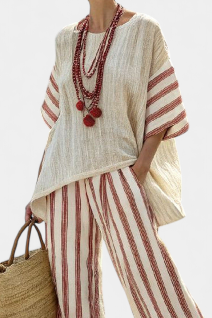 Women's Striped Top and Linen Pants Set - Breezy Summer Look