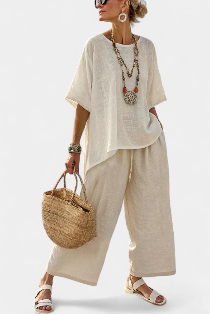 Women's Raw Blouse & Wide-Leg Pants Set - Effortless Summer Style