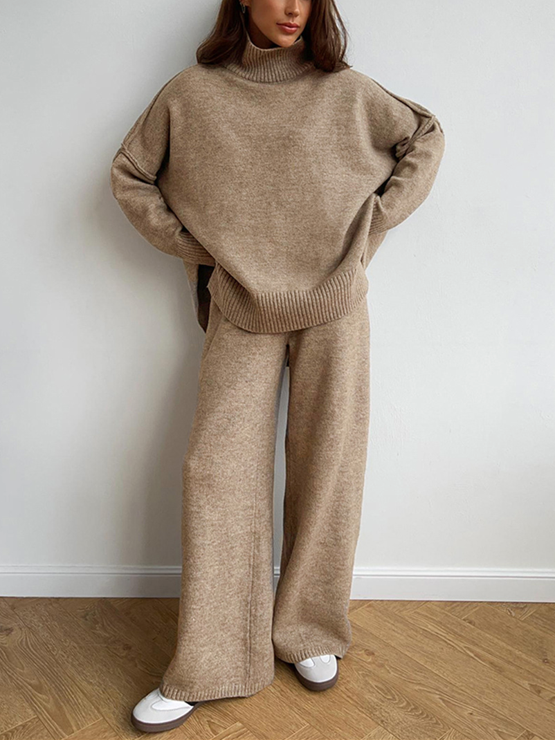 Women's Knit Co-ord Set – Roll Neck Jumper & Wide-Leg Trousers