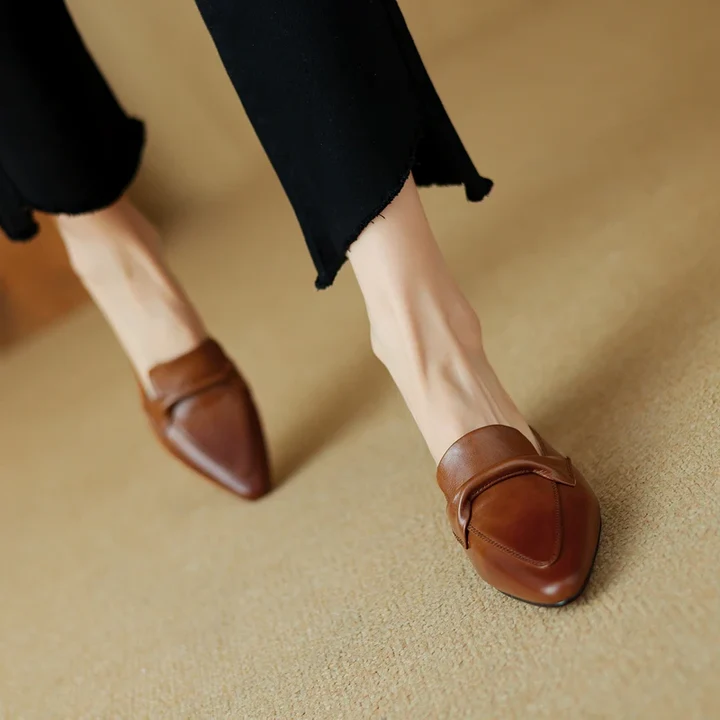 Women's Genuine Leather Mules - Elegant Mid-Heel with Bow Detail