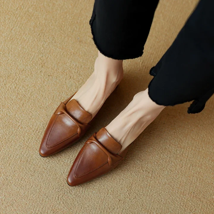 Women's Genuine Leather Mules - Elegant Mid-Heel with Bow Detail