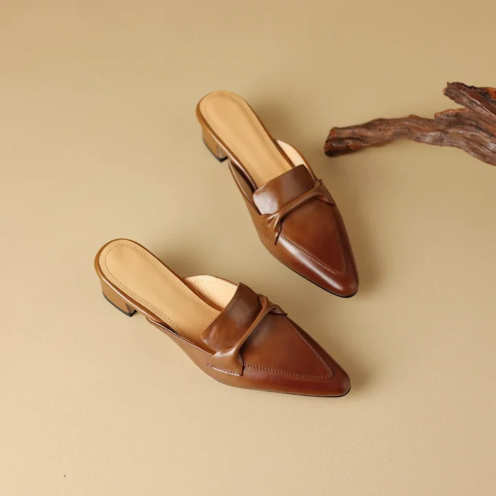 Women's Genuine Leather Mules - Elegant Mid-Heel with Bow Detail