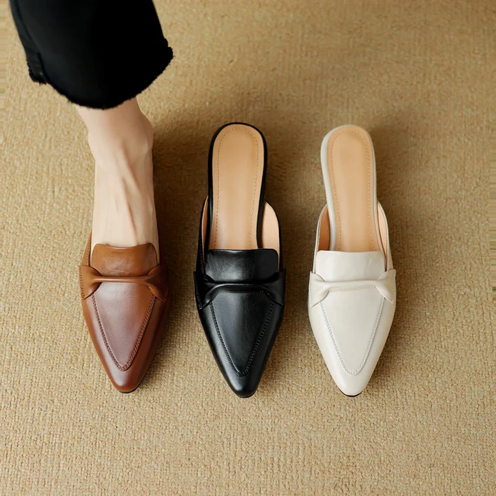 Women's Genuine Leather Mules - Elegant Mid-Heel with Bow Detail