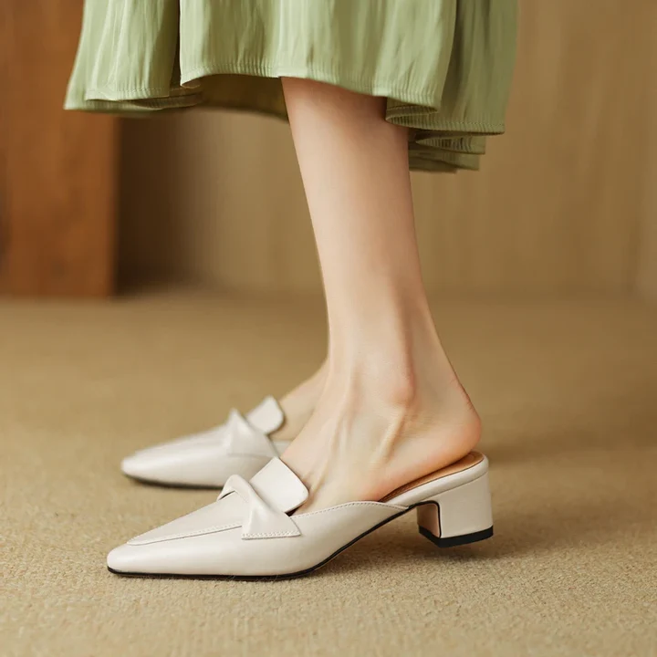 Women's Genuine Leather Mules - Elegant Mid-Heel with Bow Detail