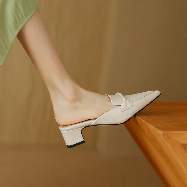 Women's Genuine Leather Mules - Elegant Mid-Heel with Bow Detail