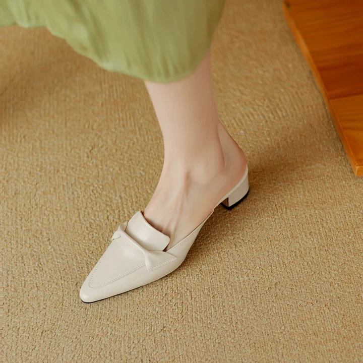Women's Genuine Leather Mules - Elegant Mid-Heel with Bow Detail