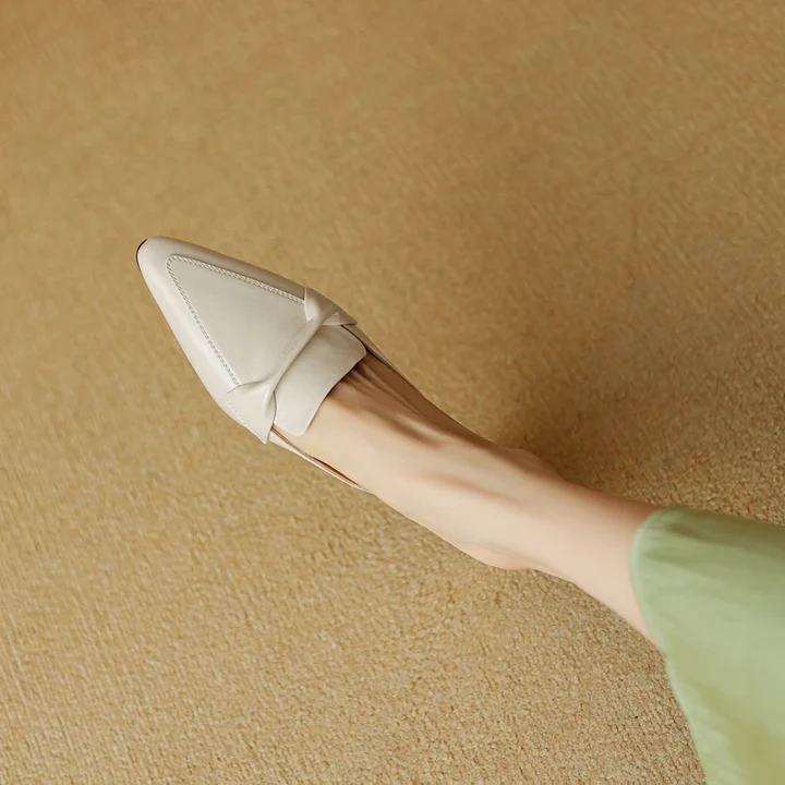 Women's Genuine Leather Mules - Elegant Mid-Heel with Bow Detail