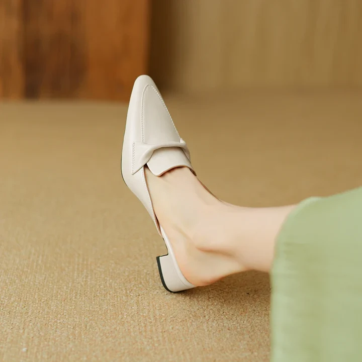 Women's Genuine Leather Mules - Elegant Mid-Heel with Bow Detail