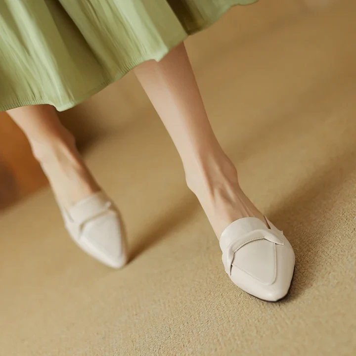 Women's Genuine Leather Mules - Elegant Mid-Heel with Bow Detail