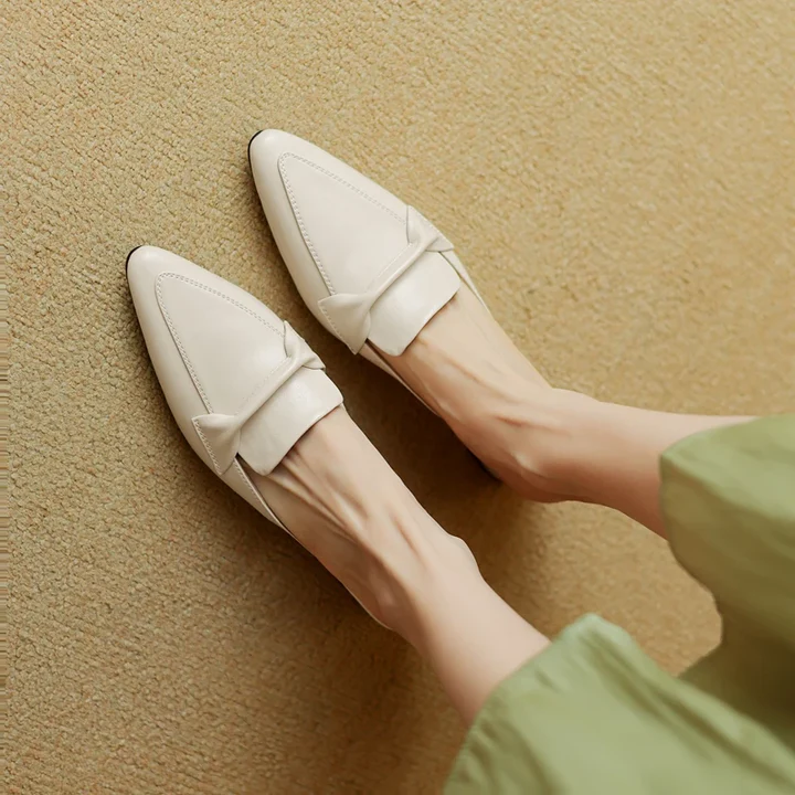 Women's Genuine Leather Mules - Elegant Mid-Heel with Bow Detail