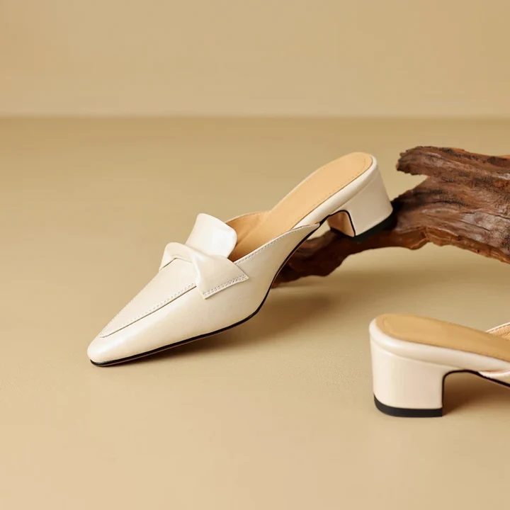 Women's Genuine Leather Mules - Elegant Mid-Heel with Bow Detail