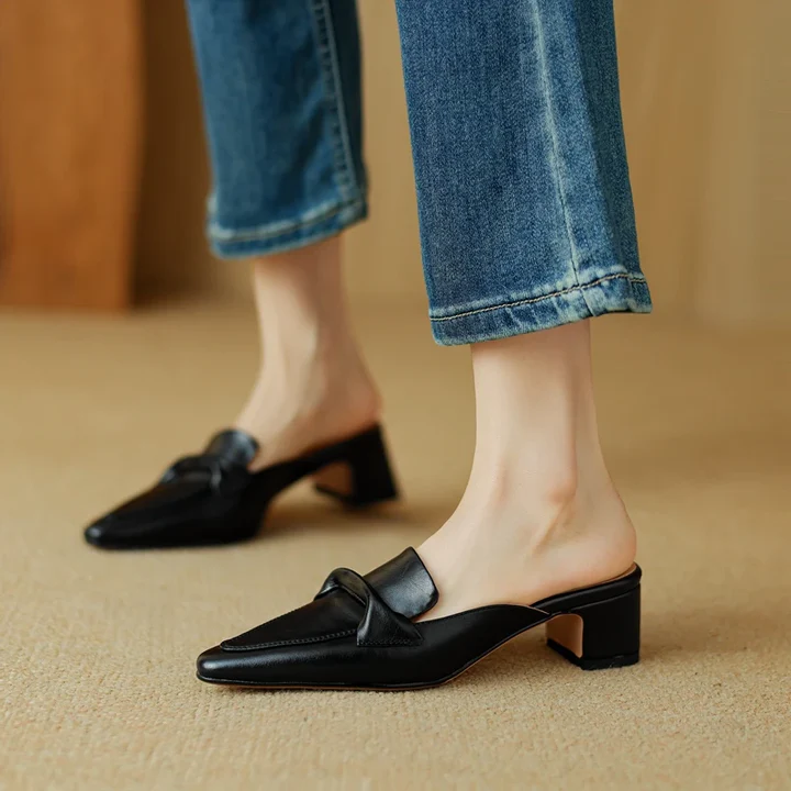 Women's Genuine Leather Mules - Elegant Mid-Heel with Bow Detail