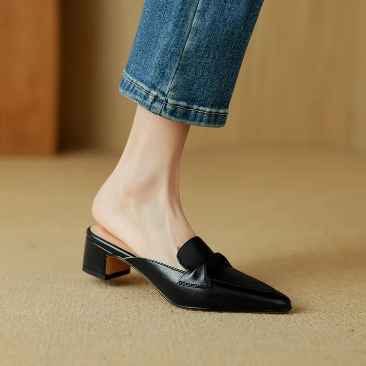 Women's Genuine Leather Mules - Elegant Mid-Heel with Bow Detail