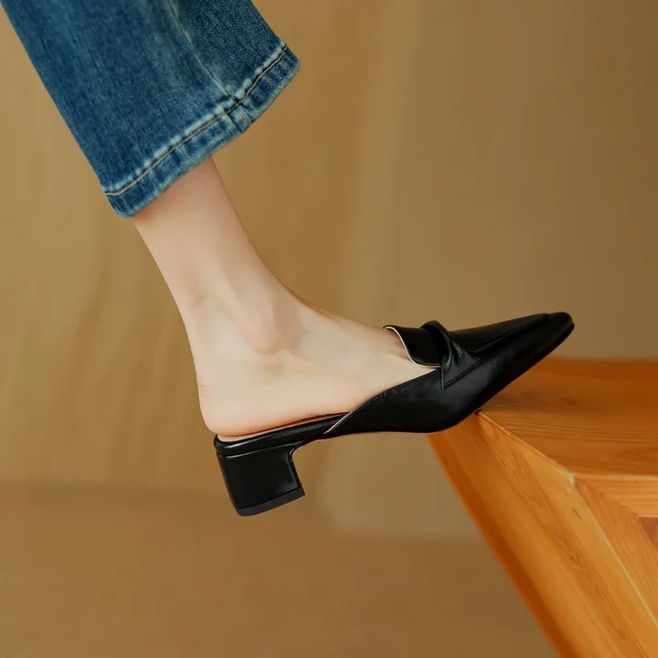 Women's Genuine Leather Mules - Elegant Mid-Heel with Bow Detail