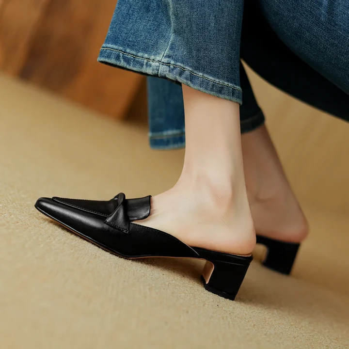 Women's Genuine Leather Mules - Elegant Mid-Heel with Bow Detail