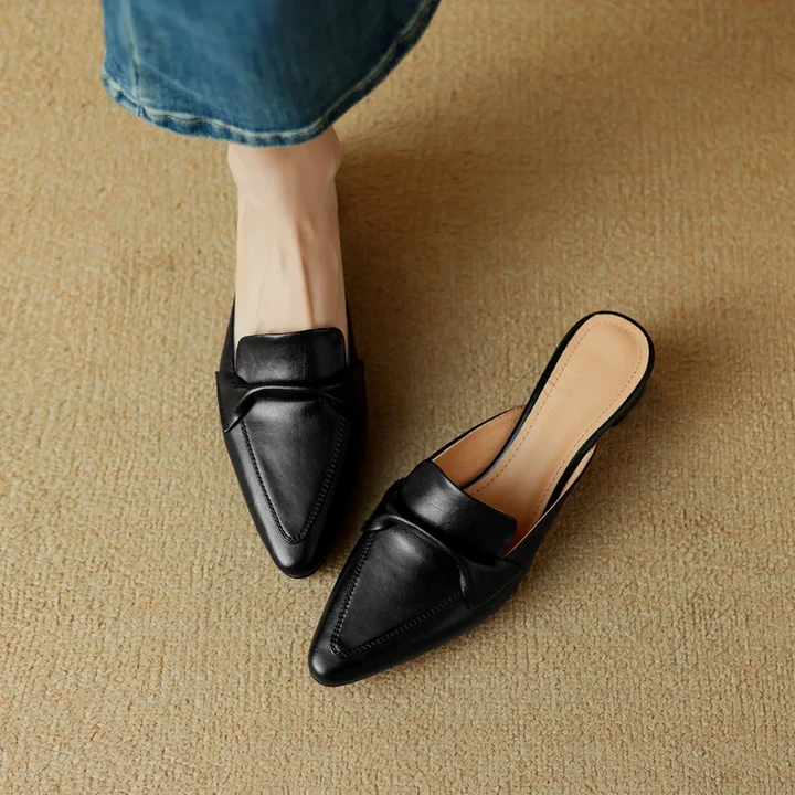 Women's Genuine Leather Mules - Elegant Mid-Heel with Bow Detail