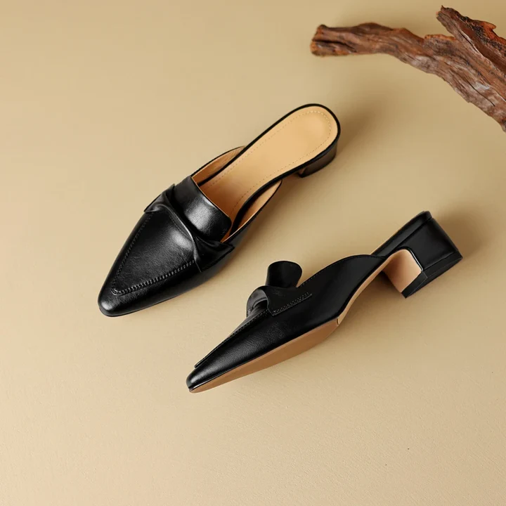 Women's Genuine Leather Mules - Elegant Mid-Heel with Bow Detail