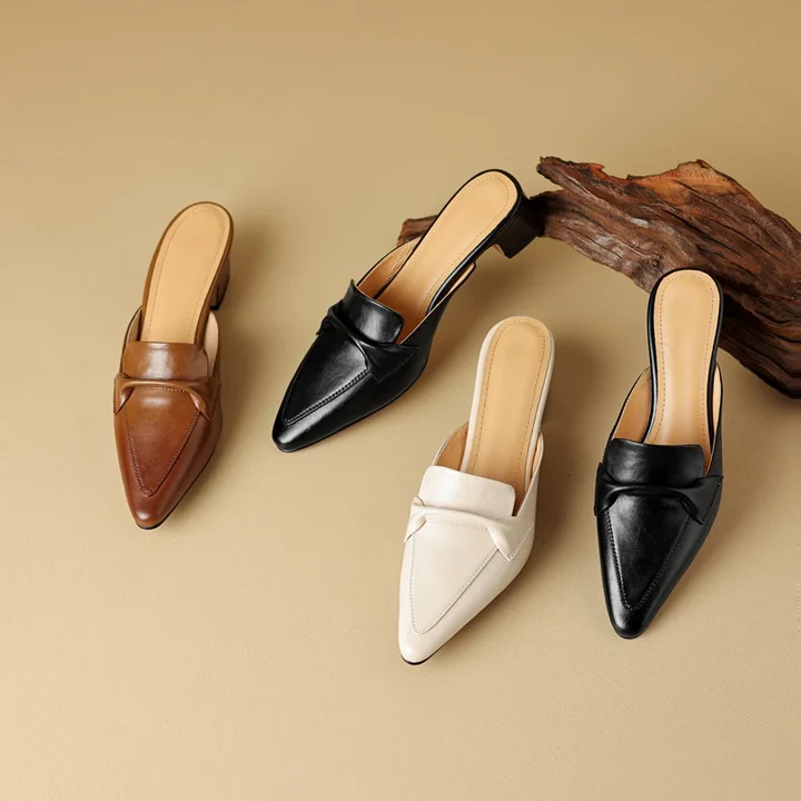 Women's Genuine Leather Mules - Elegant Mid-Heel with Bow Detail