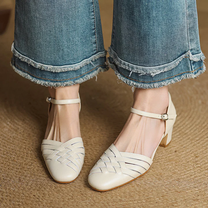 Women's Leather Block Heel Shoes - Everyday Elegance