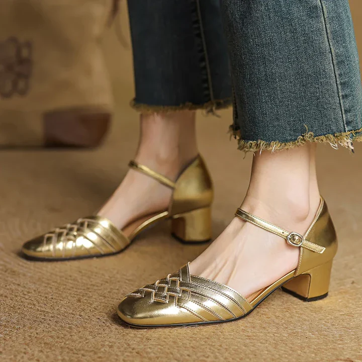 Women's Leather Block Heel Shoes - Everyday Elegance