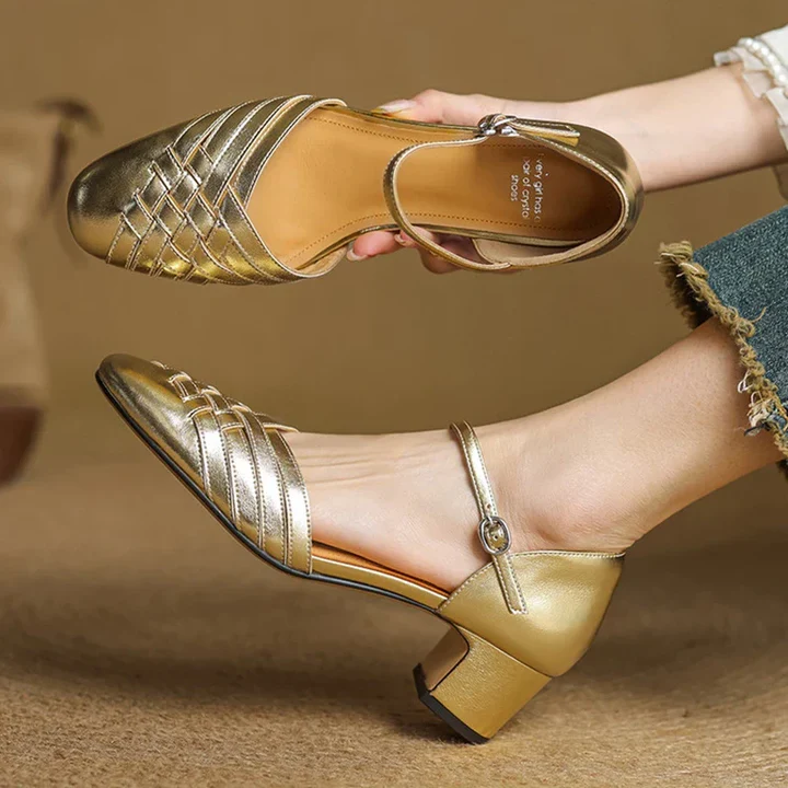 Women's Leather Block Heel Shoes - Everyday Elegance