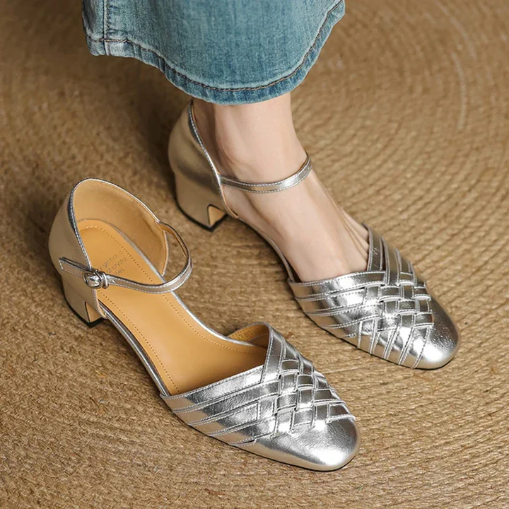 Women's Leather Block Heel Shoes - Everyday Elegance