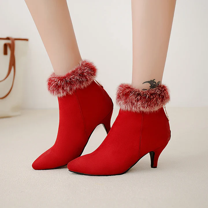 Women's Faux-Fur Trim Pointed Toe Boots - Winter Night-Out Style