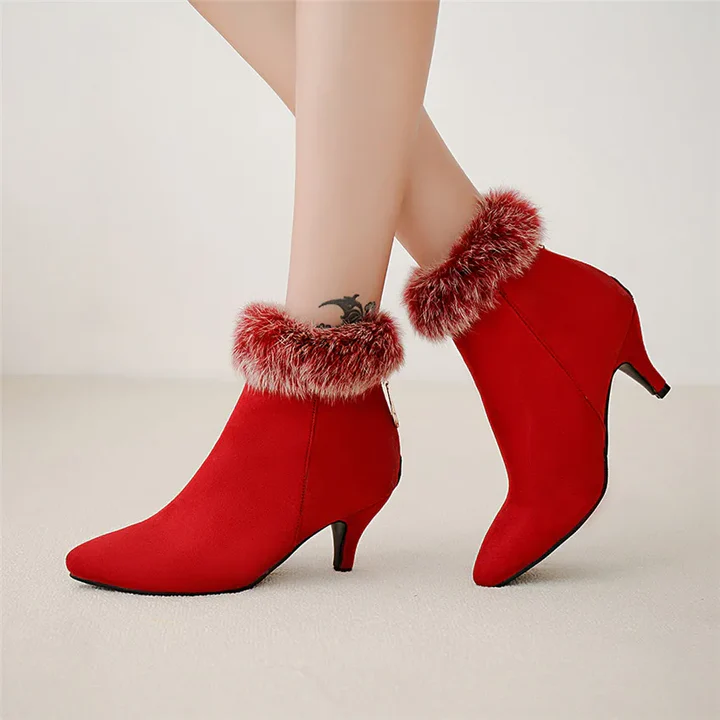 Women's Faux-Fur Trim Pointed Toe Boots - Winter Night-Out Style