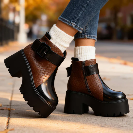 Women's Faux Leather Platform Ankle Boots - Statement Buckle Strap