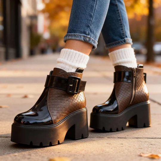 Women's Faux Leather Platform Ankle Boots - Statement Buckle Strap