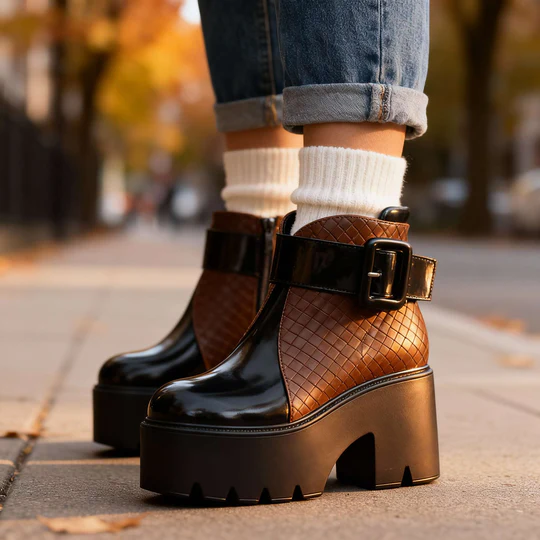 Women's Faux Leather Platform Ankle Boots - Statement Buckle Strap
