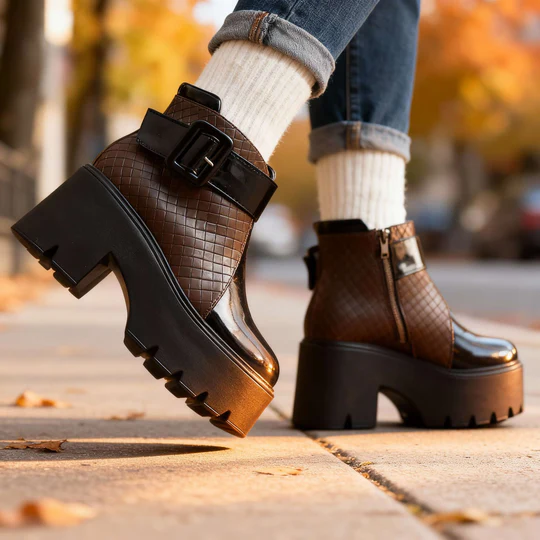 Women's Faux Leather Platform Ankle Boots - Statement Buckle Strap
