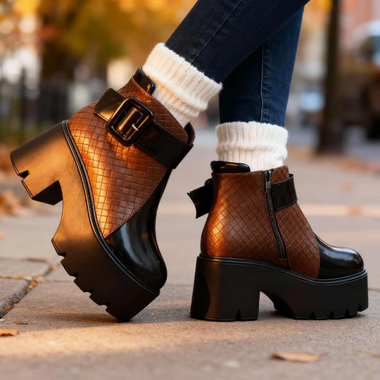 Women's Faux Leather Platform Ankle Boots - Statement Buckle Strap