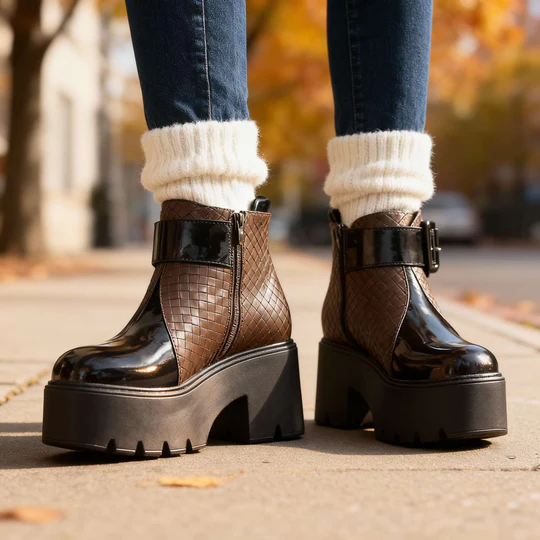 Women's Faux Leather Platform Ankle Boots - Statement Buckle Strap