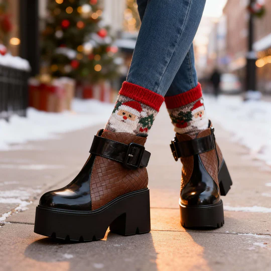 Women's Faux Leather Platform Ankle Boots - Statement Buckle Strap