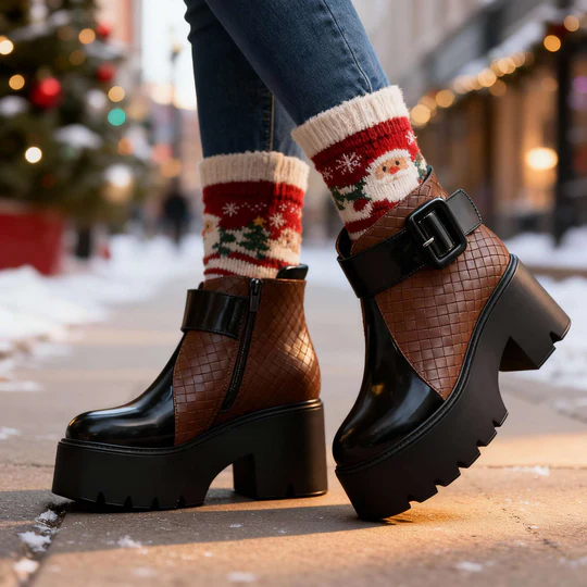 Women's Faux Leather Platform Ankle Boots - Statement Buckle Strap