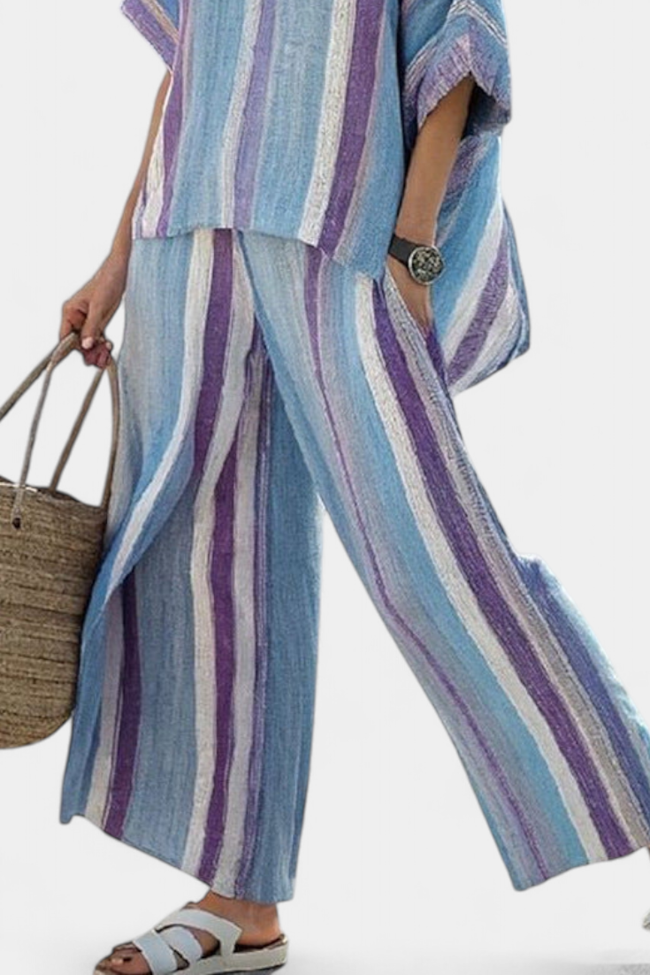 Women's Mauve Striped Linen Two-Piece Set - Relaxed Summer