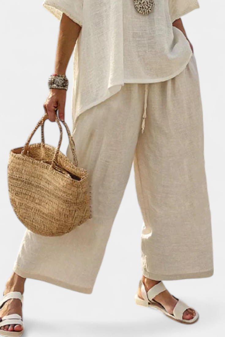 Women's Raw Blouse & Wide-Leg Pants Set - Effortless Summer Style