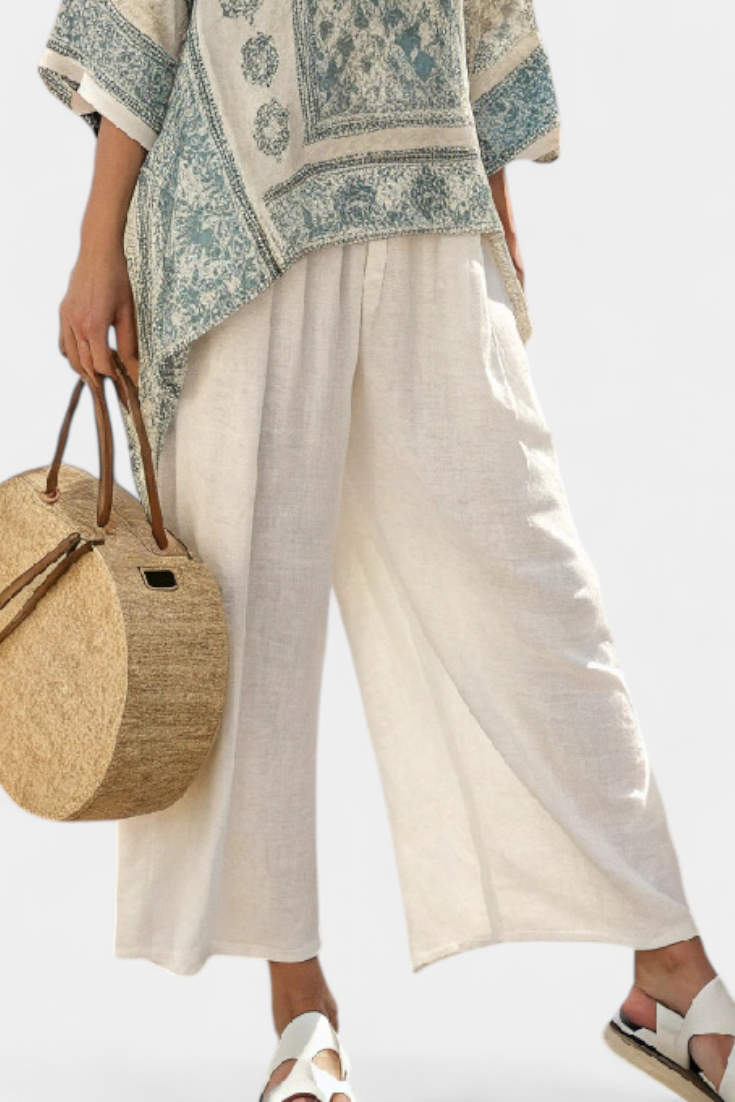 Women's Printed Blouse & Wide-Leg Pants Set - Effortless Summer