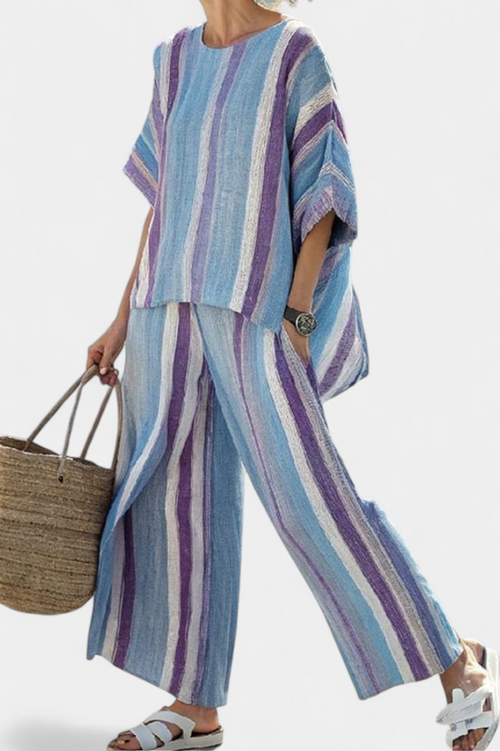 Women's Mauve Striped Linen Two-Piece Set - Relaxed Summer
