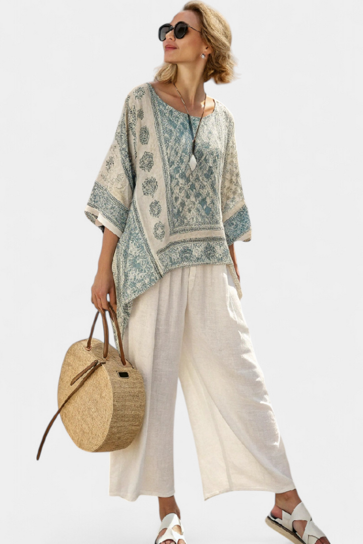 Women's Printed Blouse & Wide-Leg Pants Set - Effortless Summer