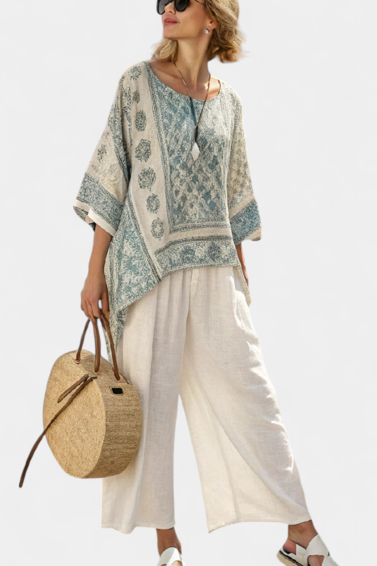 Women's Printed Blouse & Wide-Leg Pants Set - Effortless Summer