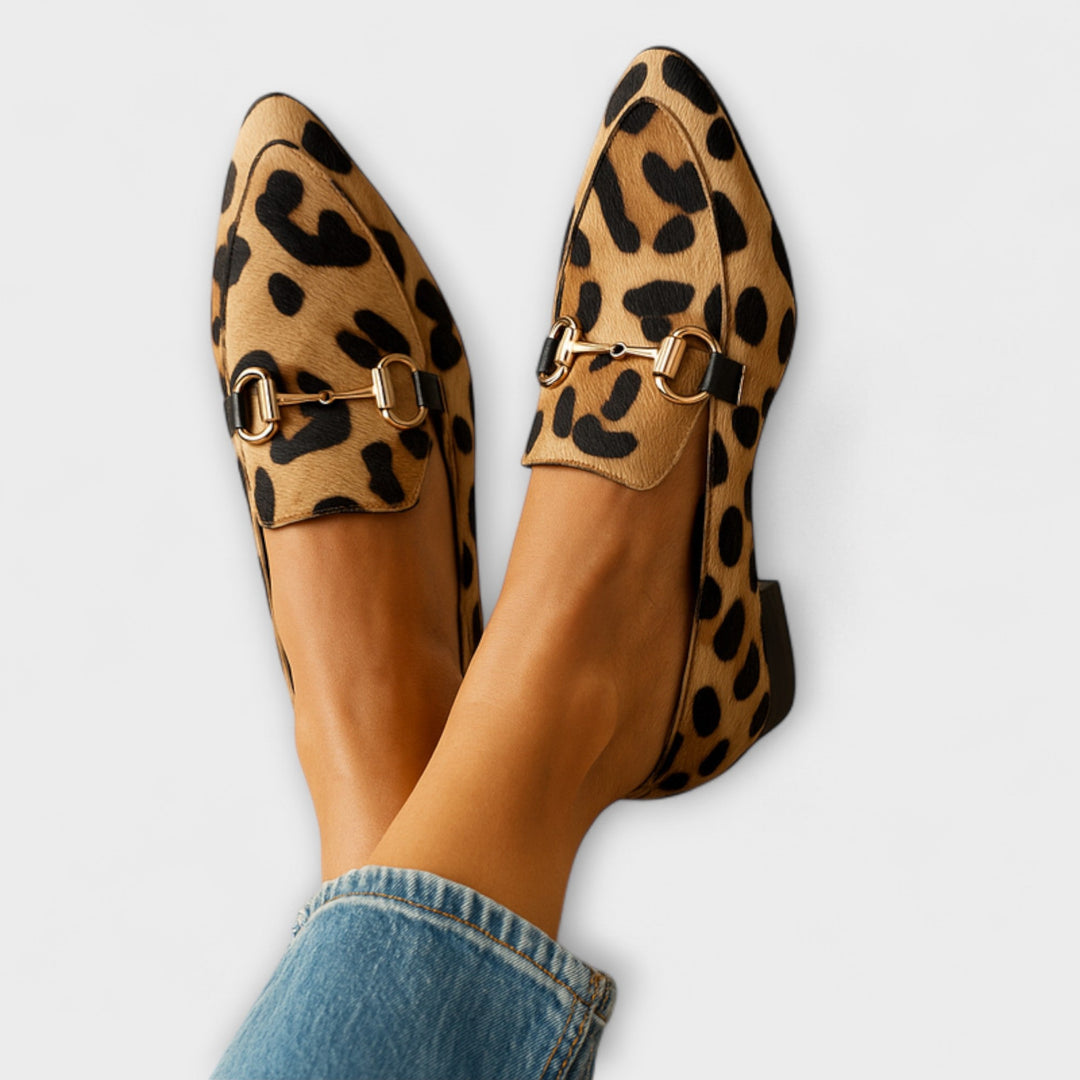 Women's Animal Print Loafers with Metallic Buckle - Effortless Style